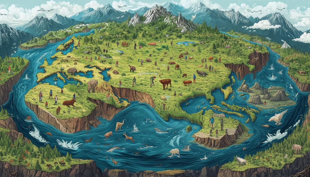 An illustration depicting the Earth after a global flood, with reshaped landscapes, fledgling ecosystems, and a small population of humans and animals