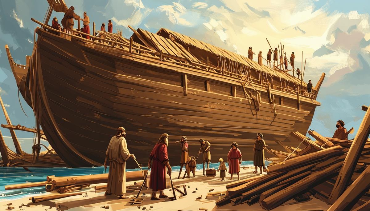 An illustration showing Noah and his family building the Ark, a large wooden ship, with tools and timber