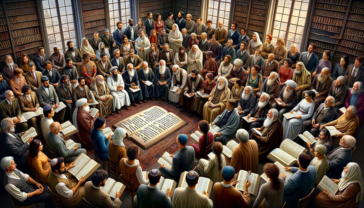 People of various ethnicities and religious backgrounds studying or discussing the Ten Commandments