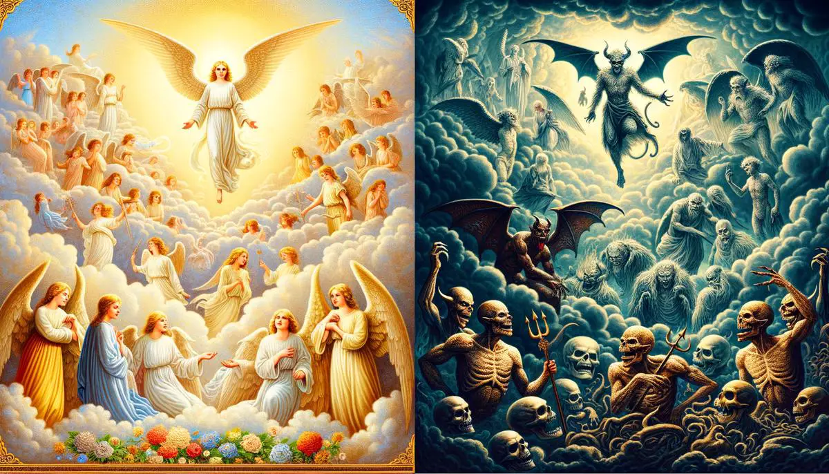 A painting showing angels and demons as symbols of cosmic order and chaos in depictions of heaven and hell