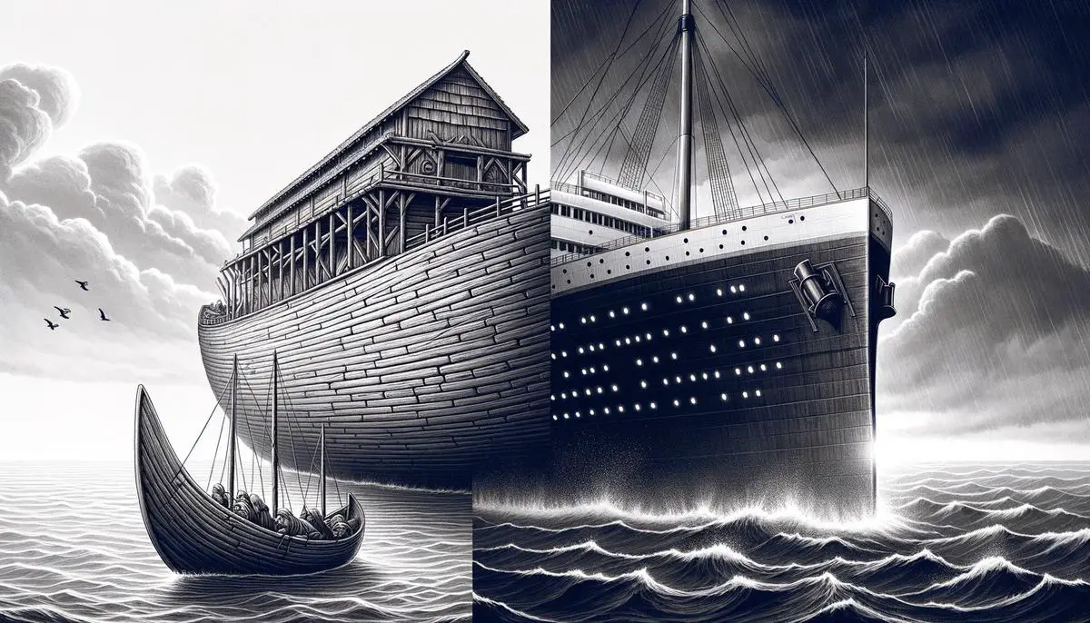 A comparison of the design and functionality of Noah's Ark and the Titanic, highlighting the differences in their construction materials and methods