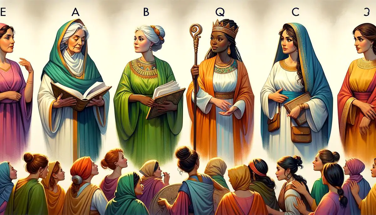 Collage of illustrations depicting Deborah, Esther, Phoebe, and Philip's daughters as influential women leaders in the Bible