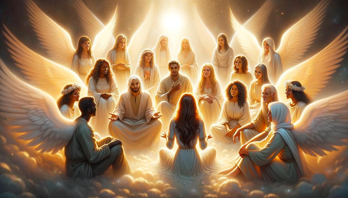 Glowing angelic figures telling stories to a woman in a bright heavenly clearing