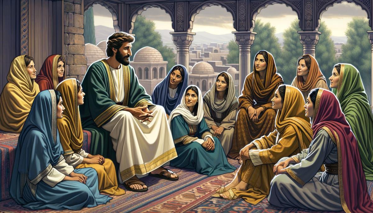 Illustration of Jesus speaking with a group of women, depicting his revolutionary engagement with female disciples and leaders