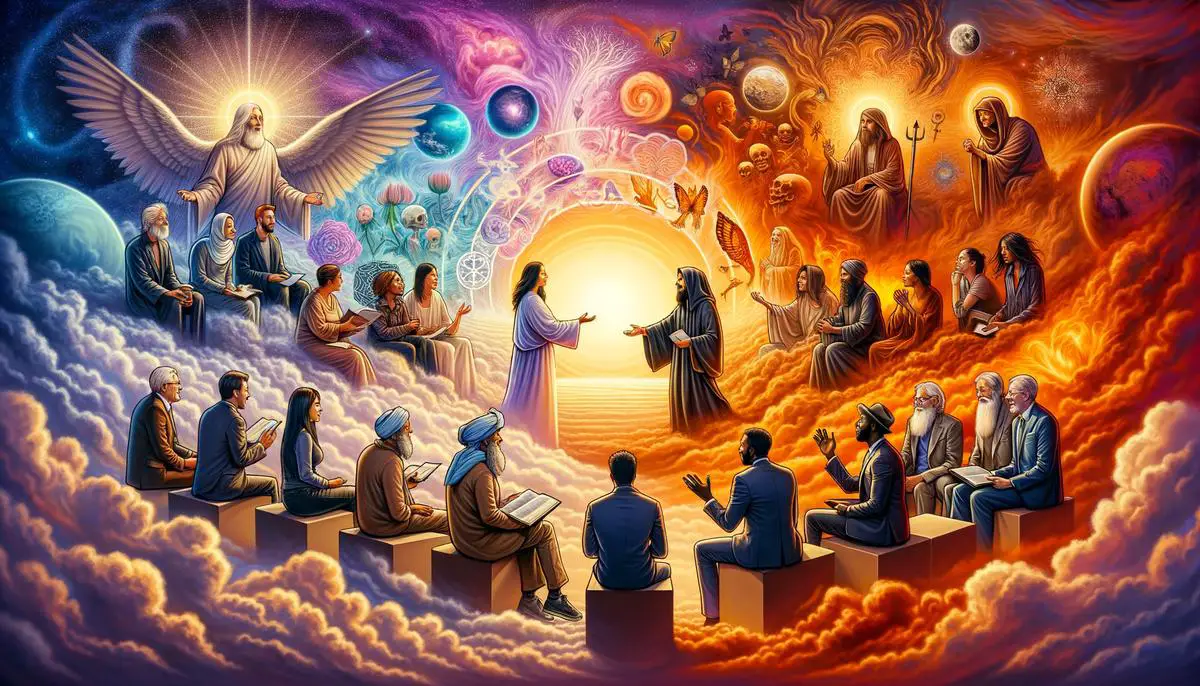 An artistic representation of modern theological interpretations of heaven and hell, with a focus on God's love and relational communion