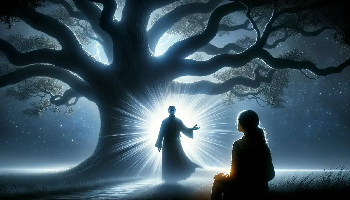 A silhouette of a mysterious figure standing beneath a large oak tree at night, with a soft glow emanating from his hand
