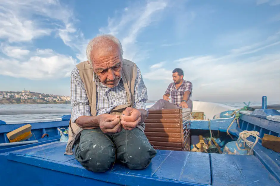 An elderly fisherman with weathered skin and kind eyes, sitting by the sea