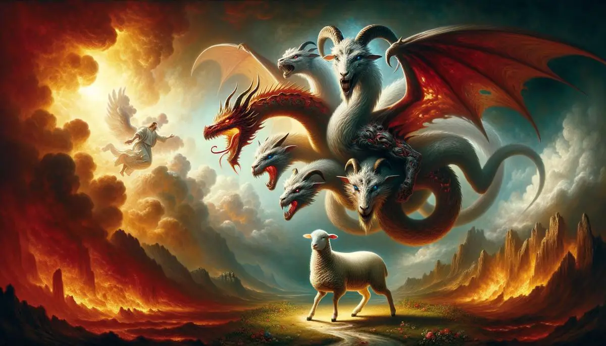 An artistic representation of the seven-headed dragon and the Lamb from the Book of Revelation