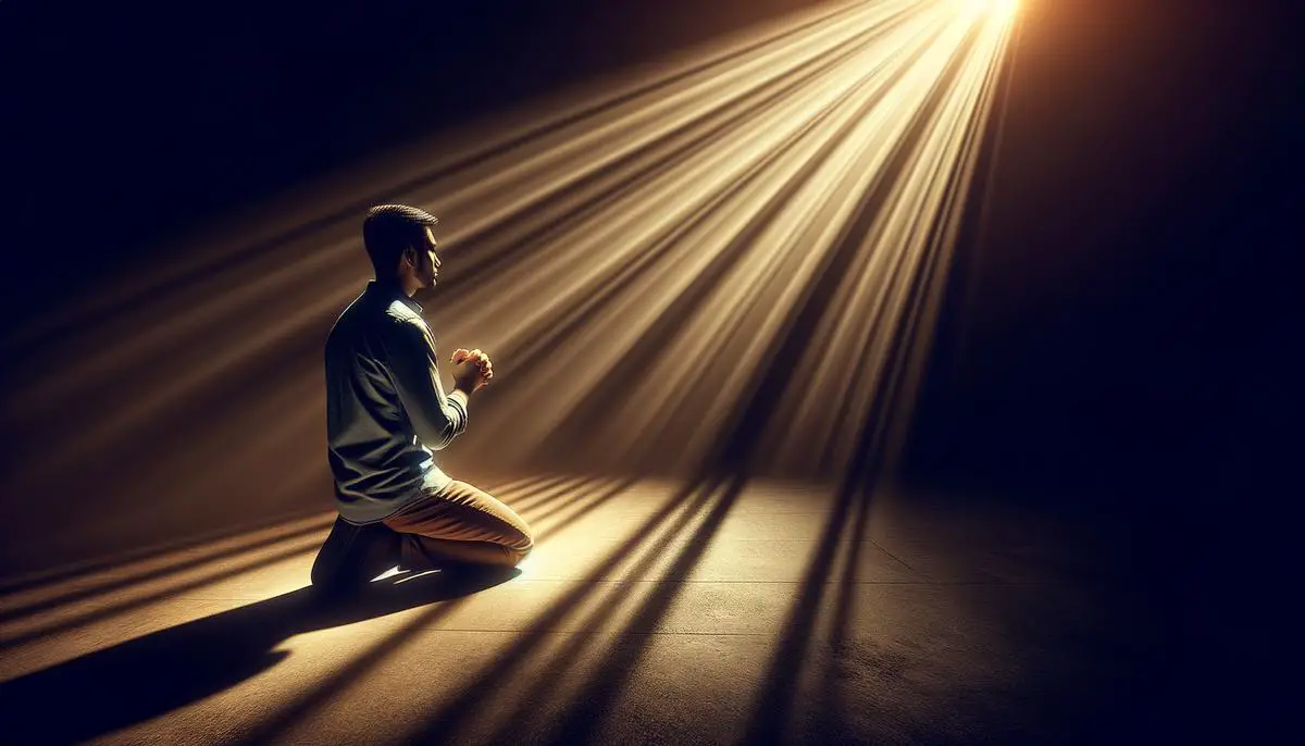 A person kneeling in prayer with light shining down from above, symbolizing salvation through faith as a gift from God