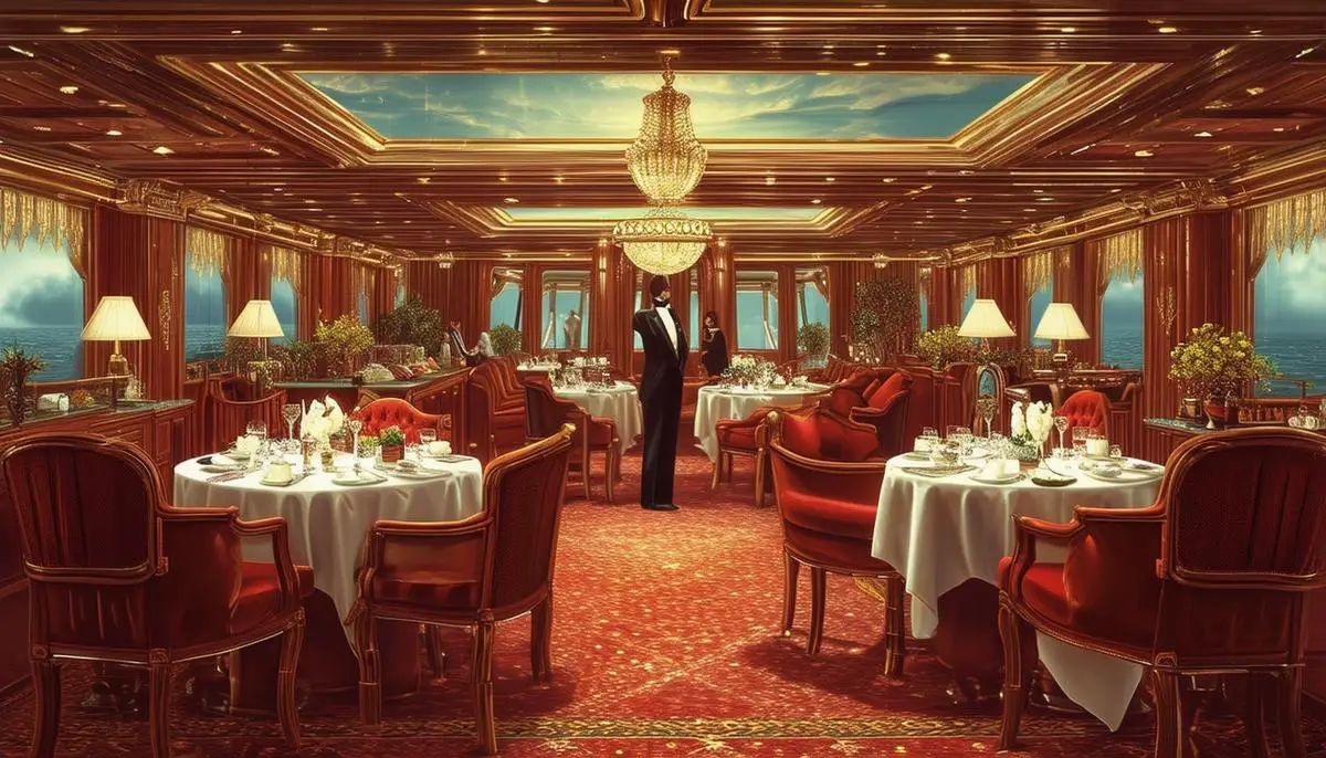An illustration showcasing the luxurious amenities aboard the Titanic, such as vast dining areas, lavish cabins, and recreational facilities