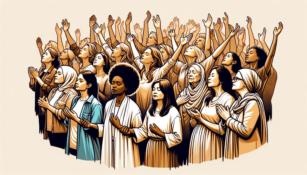 A diverse group of women with their hands raised in worship, symbolizing their equal hope and value in Christ's redemption